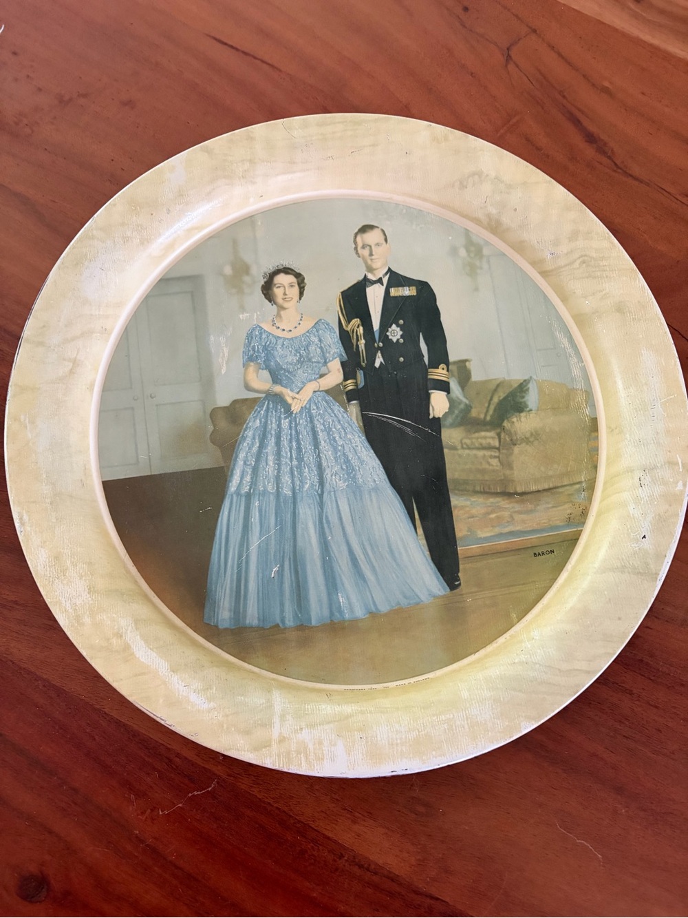 Commemorative tin serving tray photo of Queen Elizabeth II and Prince Phillip
